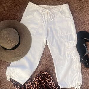 Max Studio 100% Linen White Cargo Crop Pants Utility